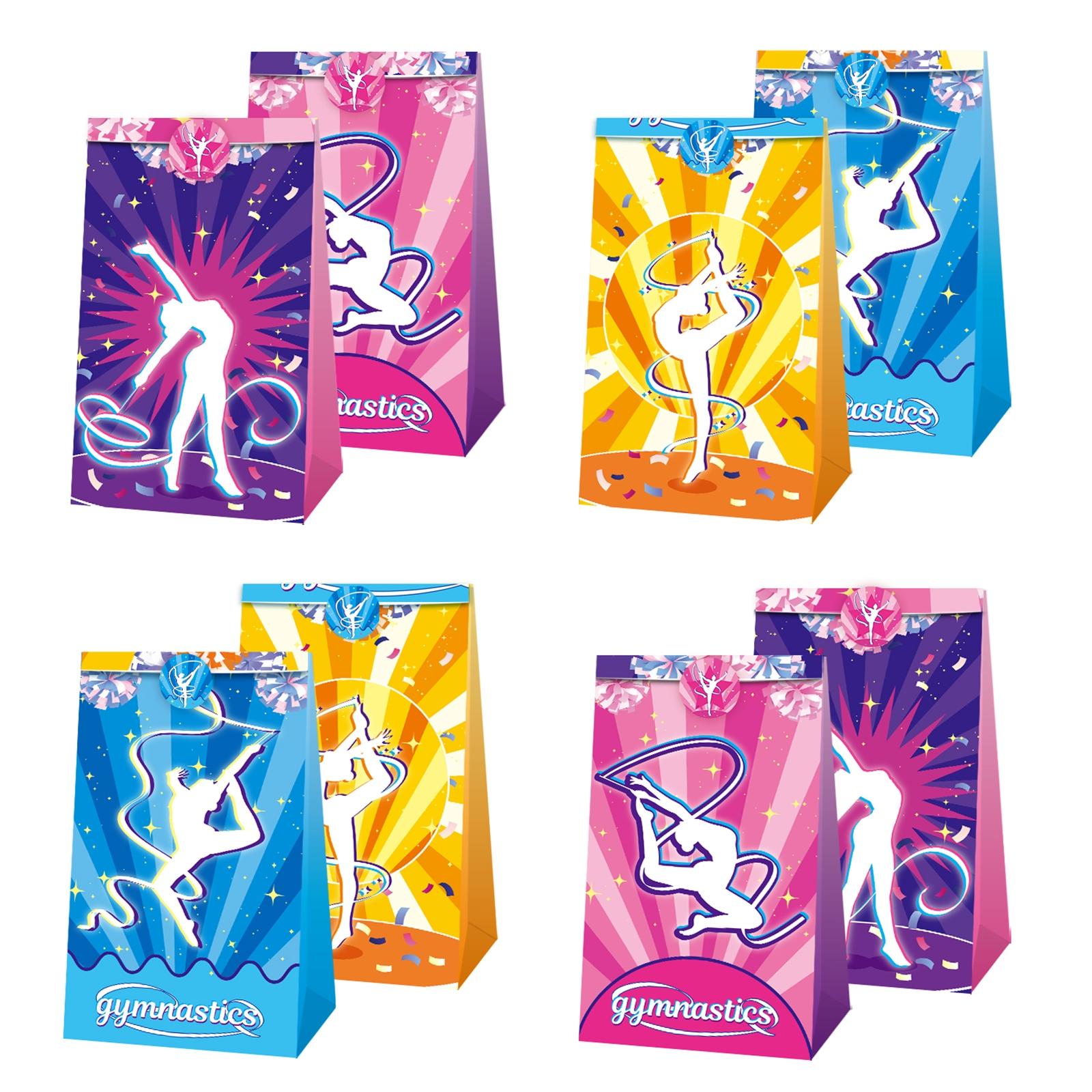 12 Gymnastics Party Paper Bags+12 Gymnastics Stickers, Cartoon Gymnastics Paper Bags Suitable for Gymnastics Parties, Sports Parties