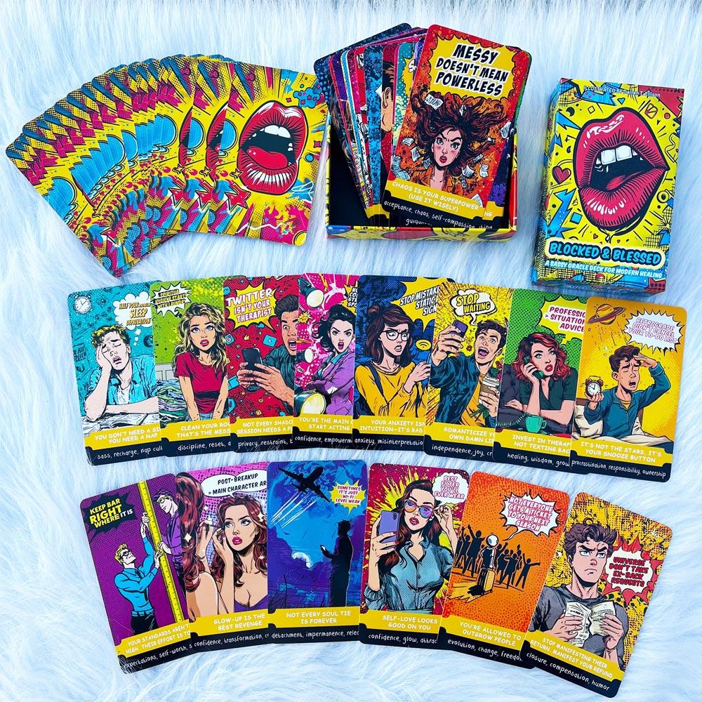 54 Card Deck, 13x8cm Size, BLOCKED & BLESSED , A SASSY ORACLE DECK FOR Modern Healing Cards Set, Suitable for Shadow Training & Breakup Recovery, Humorous Divination Game, Party Game Cards