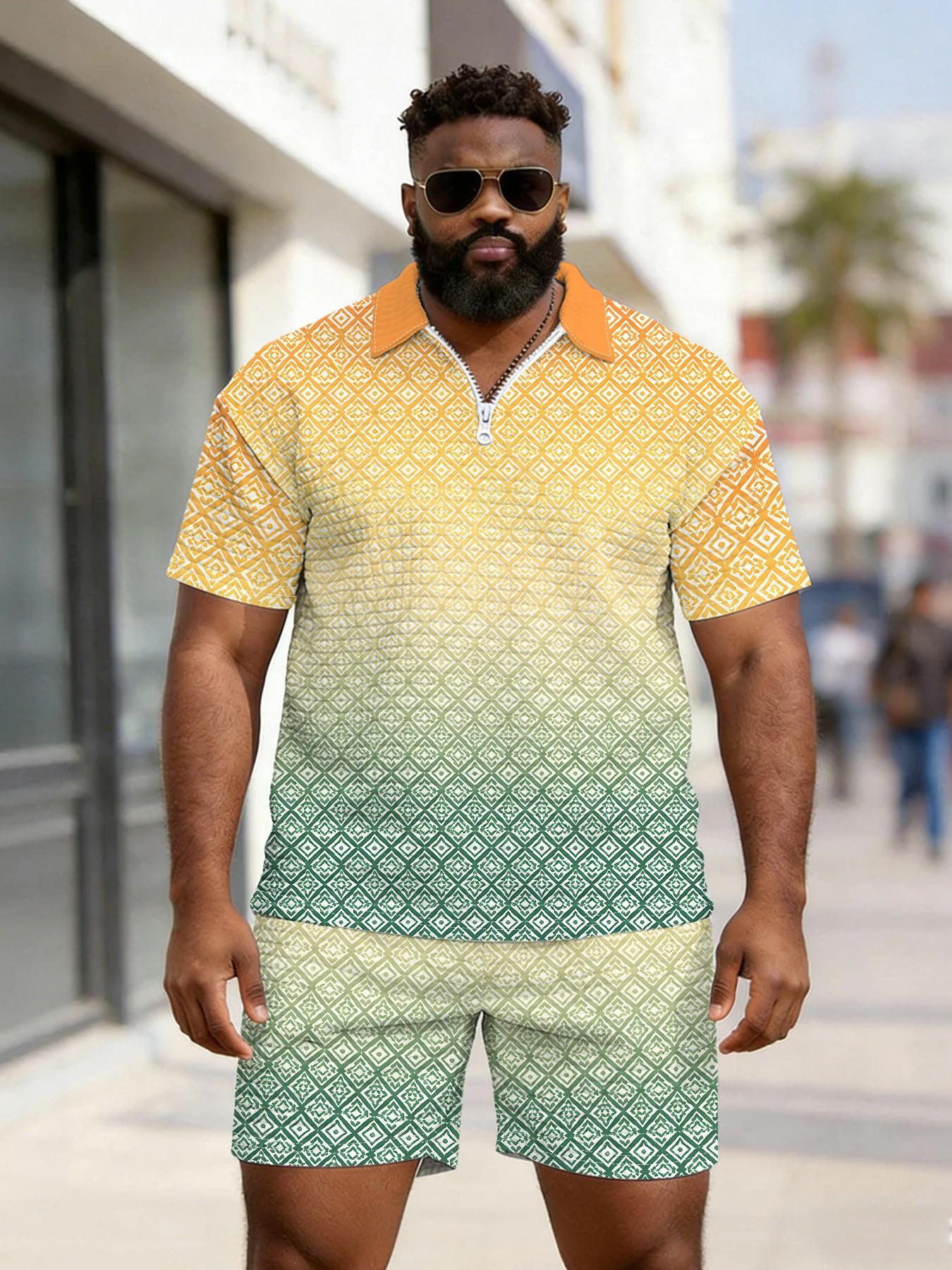 Men's Gradient Plaid Waffle Texture Polo Set, Large Size Zipper Top, Summer Colorblock Casual Daily Wear Two-Piece Set