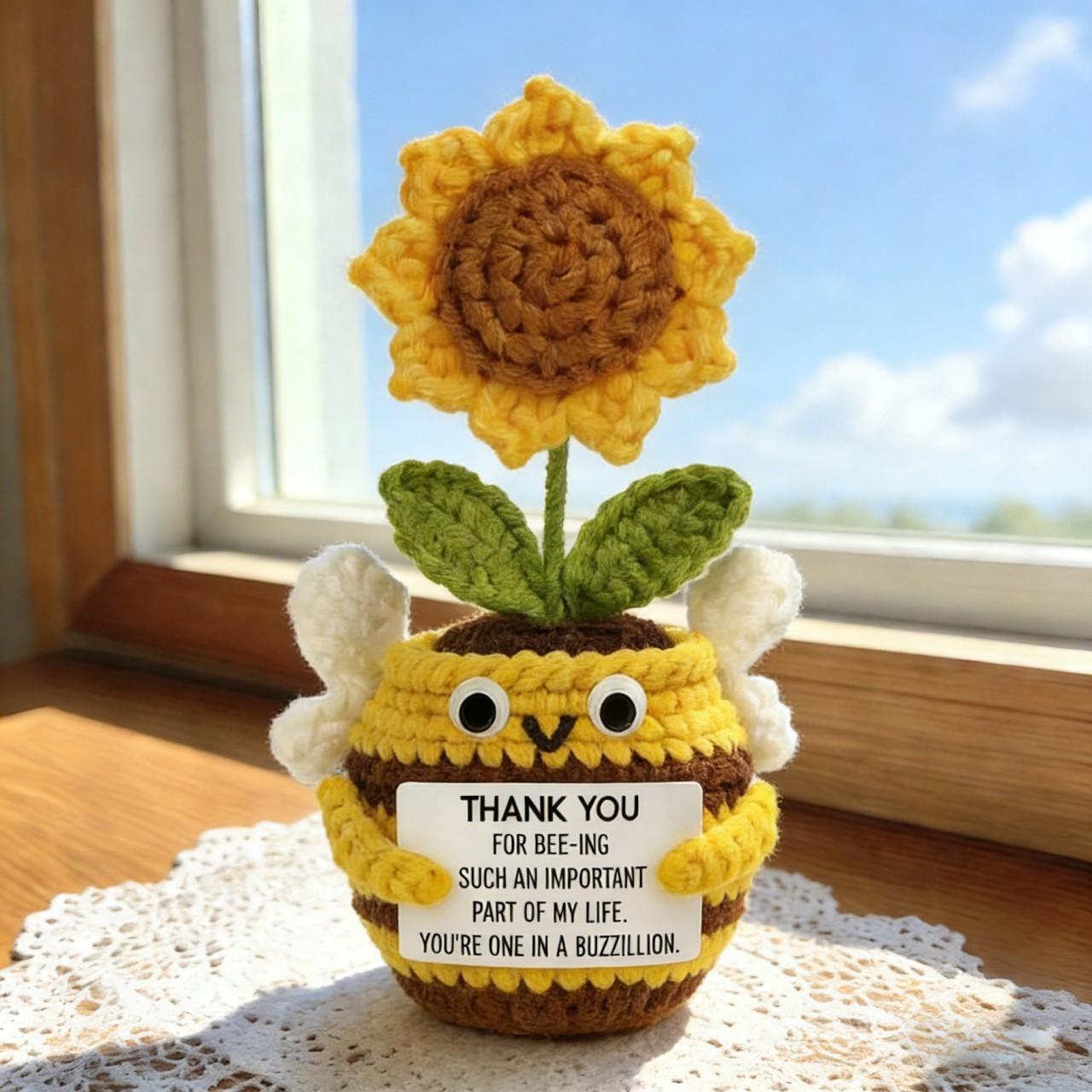 Handmade Crochet Bee Sunflower Planter - Positive Energy Emotion Support Decor - Cute Floral Tabletop Decoration - Perfect Gift for Her, Girls, Moms, Daughters, Teachers, Graduation Gift, Teacher's Day Gift, Mother's Day Gift - Spring Summer Decorative