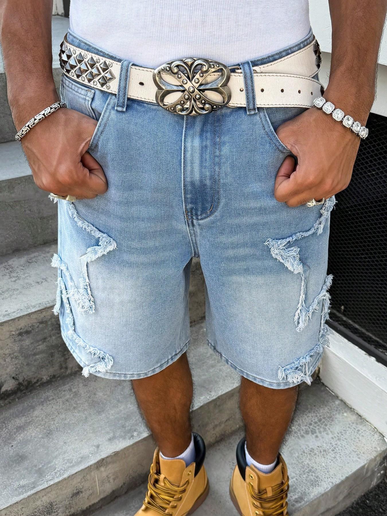 Light Blue American Vintage Washed Denim Five-Pocket Shorts for Men, Summer Loose Fit Slimming Wide Leg Pants, Trendy Star Print Shorties, Summer Casual Shorts