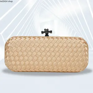 Adjustable Chain Woven Evening Clutch - Elegant Beige Blue Satin Clutch Purse with Metallic Twist Lock, Soft Shiny Versatile Style Perfect for Prom Wedding Gala & Formal Events
