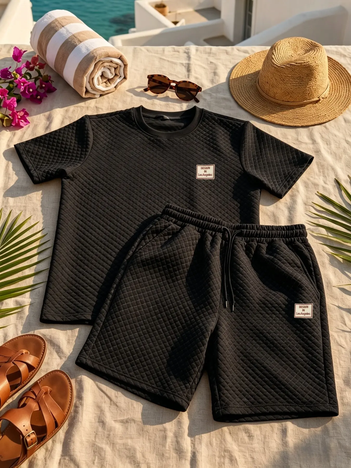 Men's Waffle Knit 2-Piece Summer, Casual Textured Short-Sleeve Top & Drawstring Shorts, Streetwear Co-Ord Set Outfit for Men