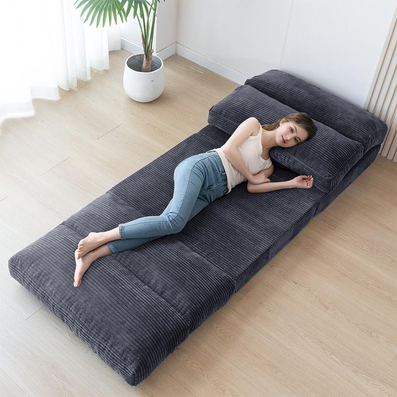 MAXYOYO Dark Grey Corduroy Folding Sofa Bed, Bean Bag Sofa Bed Floor Mattress with Washable Cover - 2-in-1 Lounger for Small Spaces
