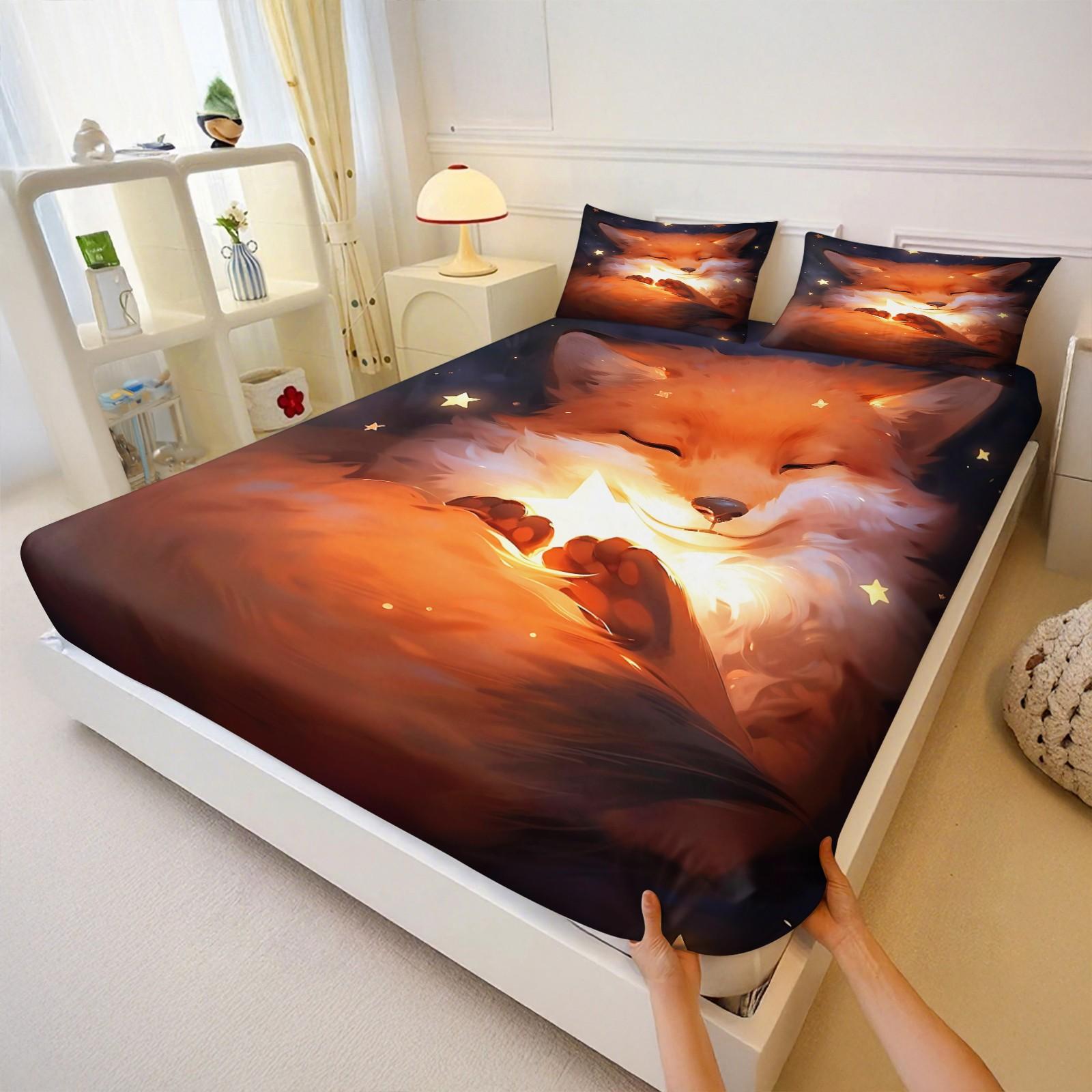 Dreamy and healing little fox-themed fitted sheet set,Includes 1 Fitted Sheet & 2 Pillowcases without Filler,Warm and soft light effect,Gentle and dreamy feel,Warm and anti-pilling,Suitable for all seasons, Comfy Bed Sets