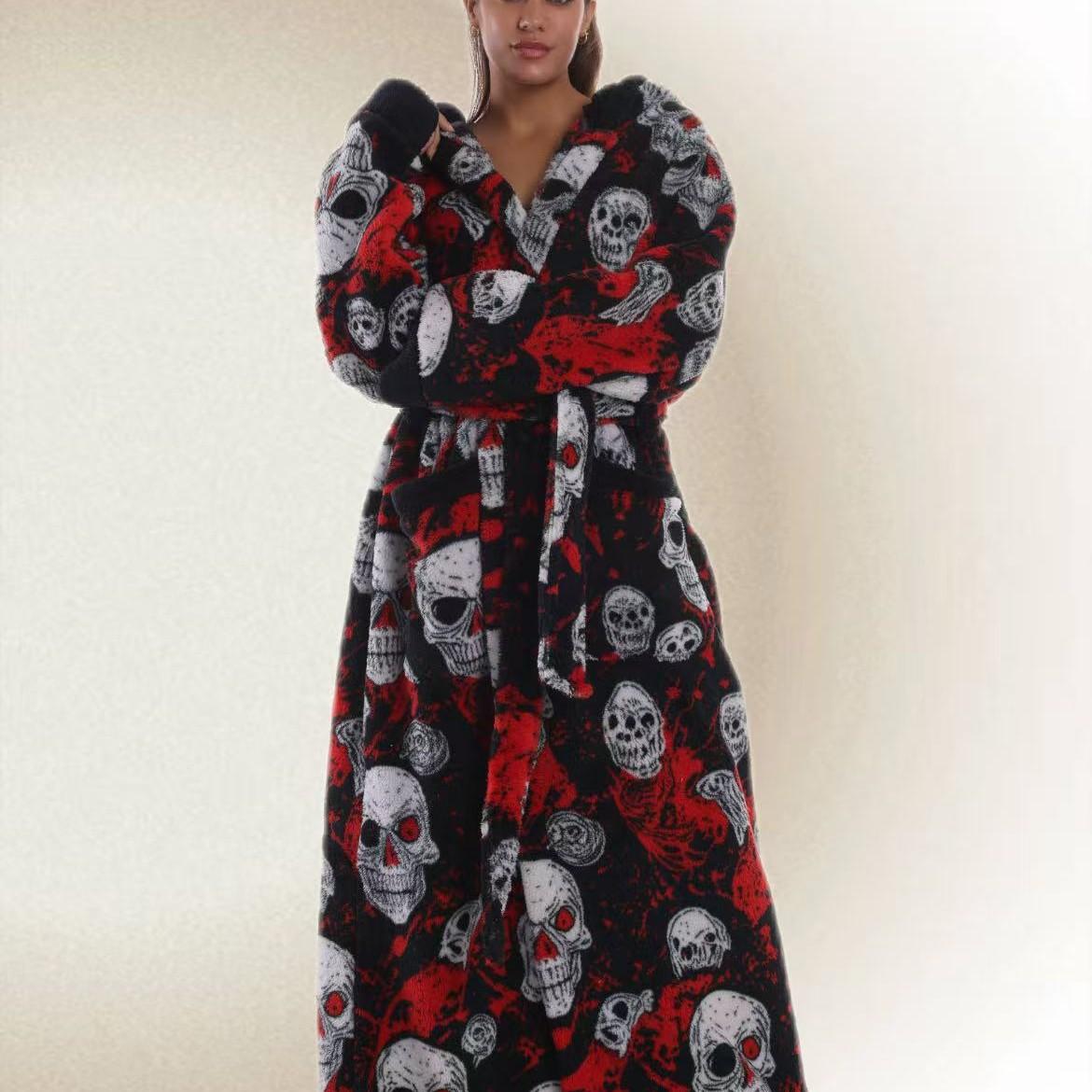 1pc Skull Print Flannel Bathrobe, Plus Size with Hat and Belt, Unisex, Soft and Warm, Perfect Gift