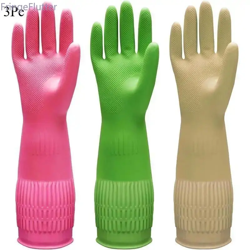 Unisex Waterproof Soft Rubber Dishwashing Gloves - 3/1 Pairs, 15in Long Cuff, Splash-Free Reach, Embossed Palm & Fingers, Non-Slip Flexible Reusable Durable, Household Safety Multifunctional Hand Protection (Red+Yellow+Green, X-Large)