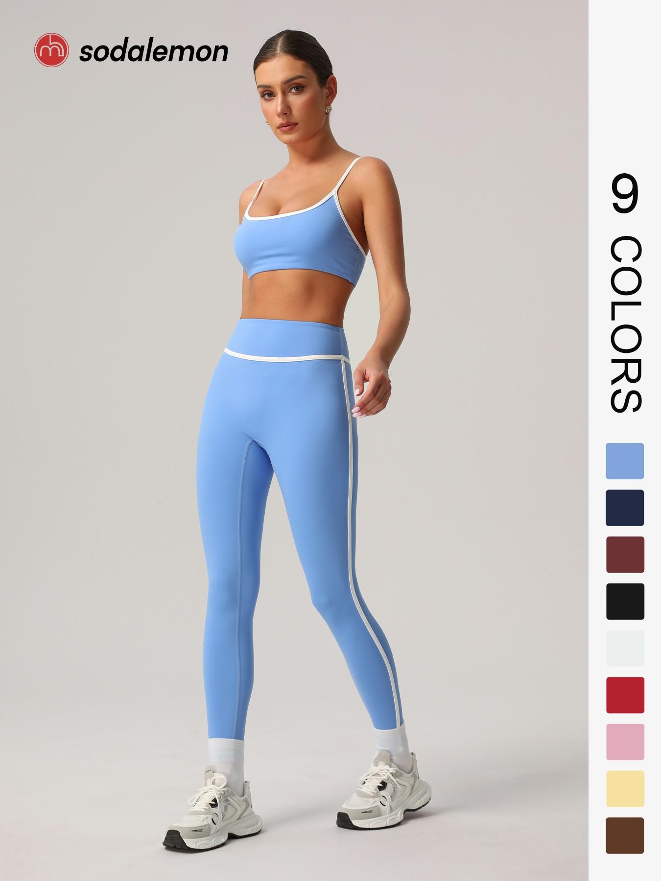 Women's Contrast Binding Crop Cami Top & High-Waist Leggings Set, Casual Sleeveless Top & Skinny Pants Two-Piece Yoga Outfits, Ladies Sportswear Workout Running Clothes for Indoor & Outdoor Wear