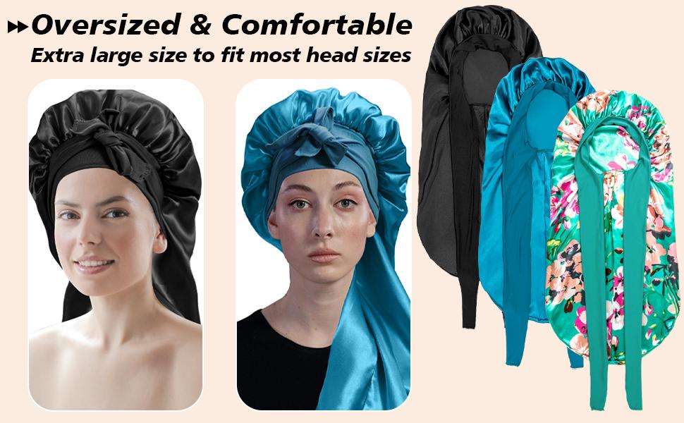 【Spring Glow-Up】Braid Bonnet for Black Women - 3 Pack Large Braid Bonnet, Perfect for Long Curly Hair and Braids Elastic Heatless Haircare (Black&Blue&Flower)