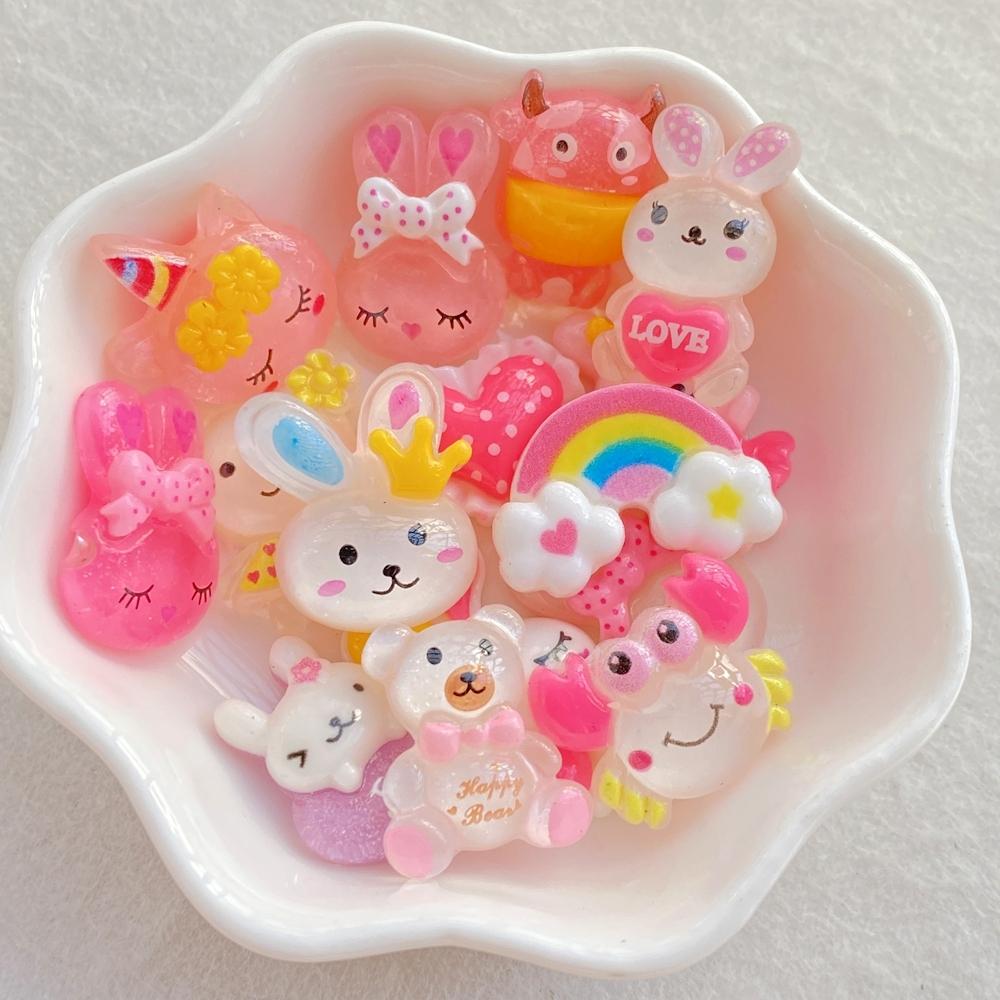 46pcs vibrant cartoon rabbits, teddy bears, rainbow resin statues - suitable for scrapbook making, DIY jewelry accessories, wedding decoration, and nail art matching