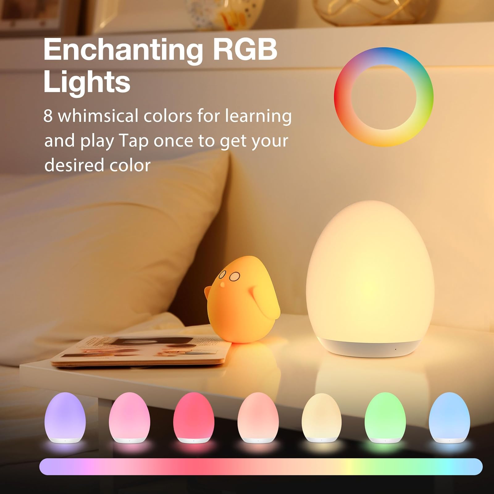 Portable Egg Night Light for Kids Babies Rechargeable Tap Light with 7 RGB Colors Timer and Touch Control Safe & Soft for Your Baby