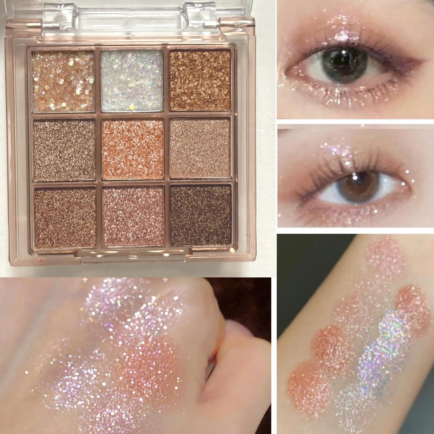 9-Color Korean Pigment-Rich Eyeshadow Palette, Cruelty-Free Cosmetic - Long-Lasting, Waterproof, Silky Smooth, Smudge-Proof - Pearl Powder Eye Make-Up with Shimmer, Glitter, Blend Easily Pink, Brown & Gold Shades