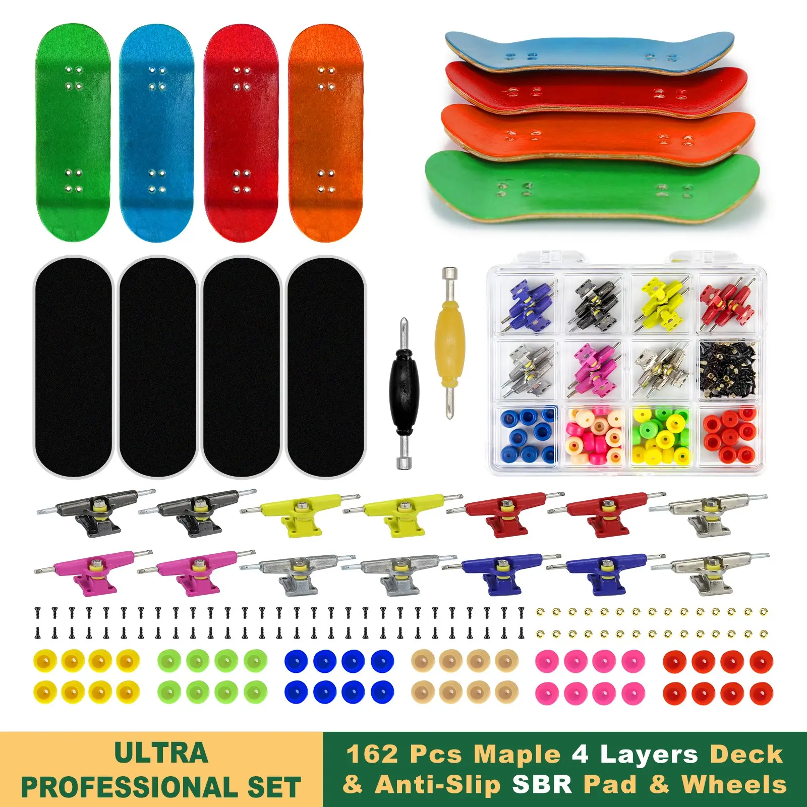 162Pcs Fingerboard Skateboard Wooden Deck Parts Kit ,Include 4Pcs 34mm multicolour Wooden Deck & 4Pcs Anti-Slip SBR Pad, 14Pcs Multicolour Trucks 48Pcs Wheels 60PCS Screws 30PCS Nuts 2PCS Spanner Tool