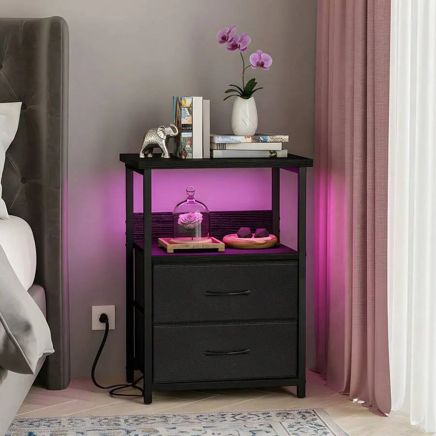 MDF Wood Nightstand - Black Bedside Tables, Wooden Night Stand, Wood Furniture, Bedside Table, Charging Station with LED Light, Charging Ports, USB Outlets, Wall-Plug Power, 2 PU-Finished Fabric Storage Drawers (Black/White/Rustic Brown)