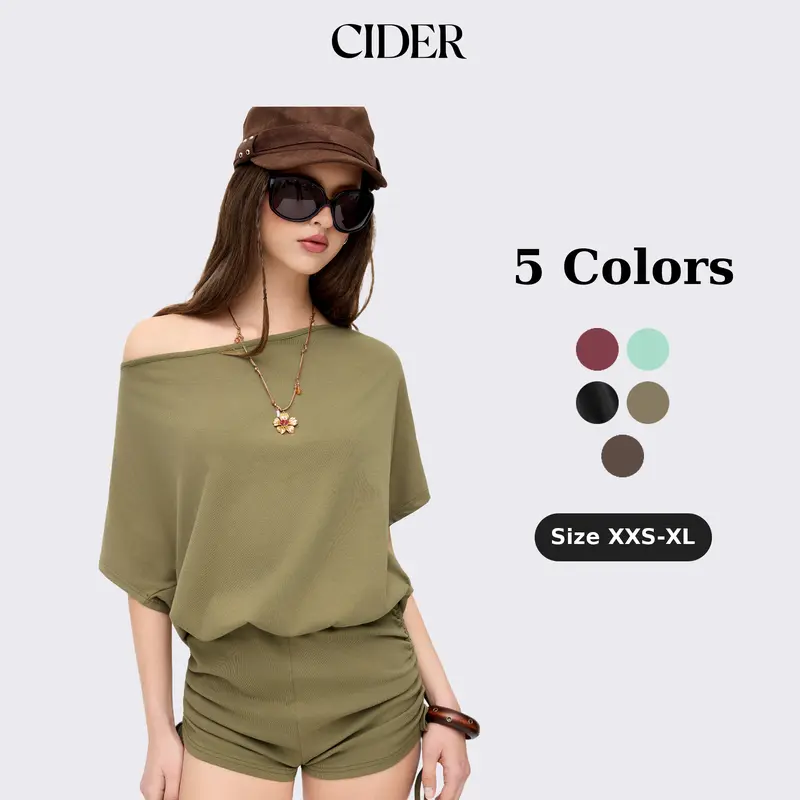 Cider Asymmetrical Neck Drawstring Ruched Tie Back Romper