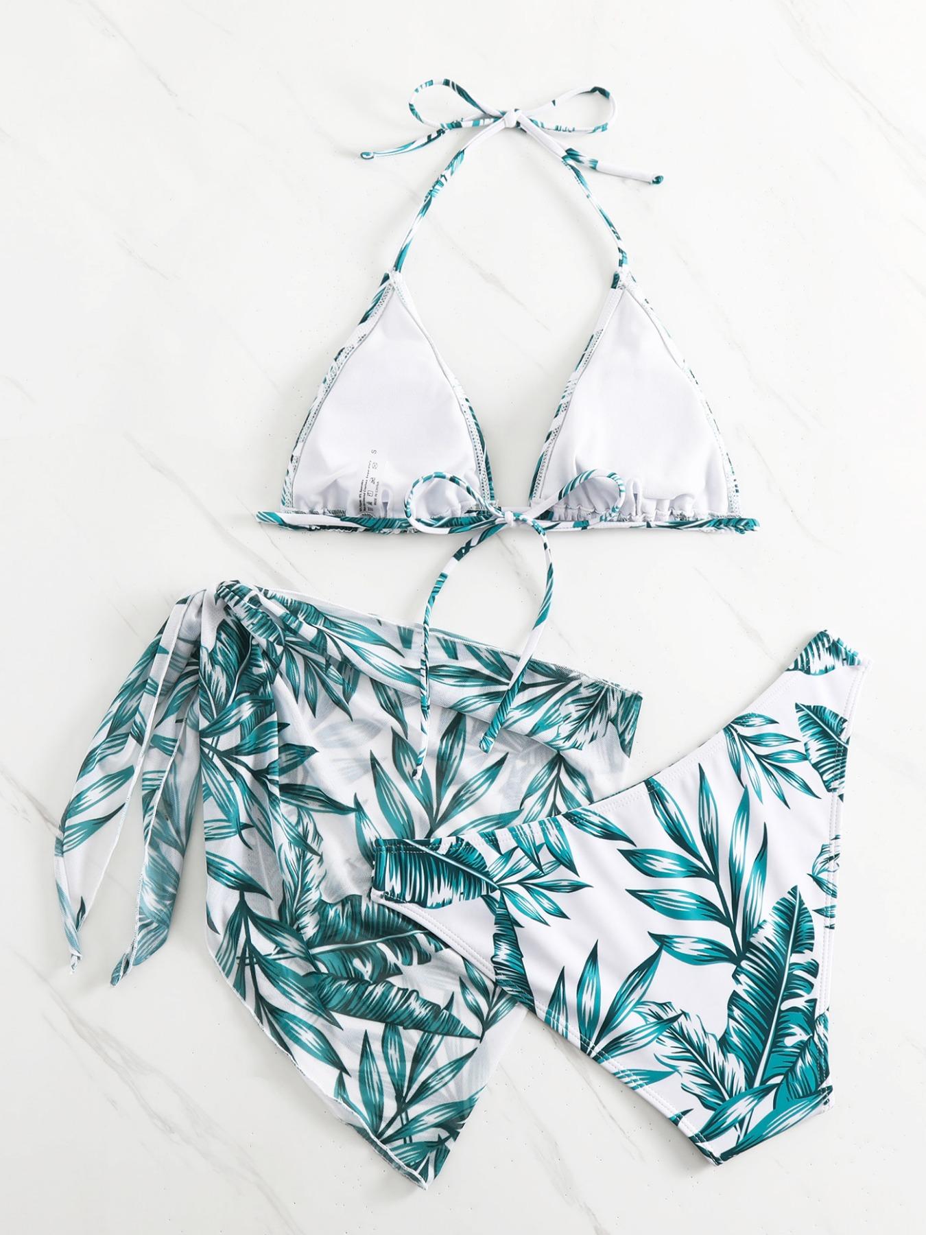Three-Piece Set Women's Plants Print Knot Bikinis Set, Boho Triangle Swim Bra & High Cut Swim Panty & Asymmetrical Cover Up Skirt, Ladies Swimwear for Beach Vacation, Summer Bathing Suits