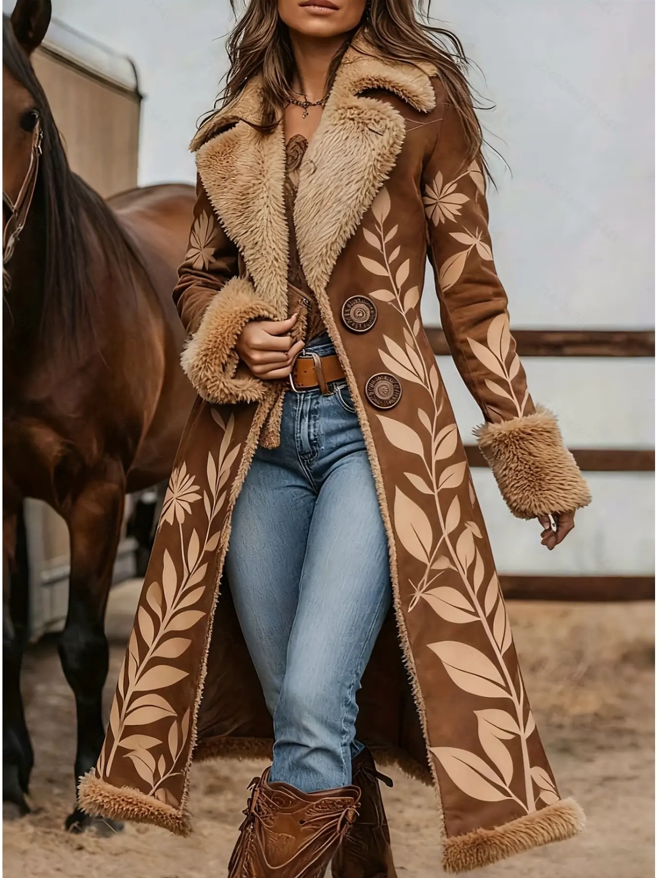 Women's Western Long Coat, Faux Shearling Fur Collar Sherpa Lined Cowgirl Jacket, Warm Vintage Ranch Style Winter Outerwear for Women
