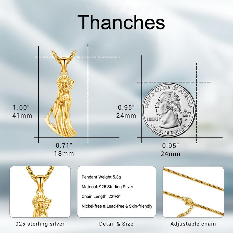 Thanches Santa Muerte Necklace 925 Sterling Silver Pendant Holy Death Goddess Amulet for Protection Sickle Jewelry for Men Women Perfect Holiday Accessory Gift Handcrafted Piece