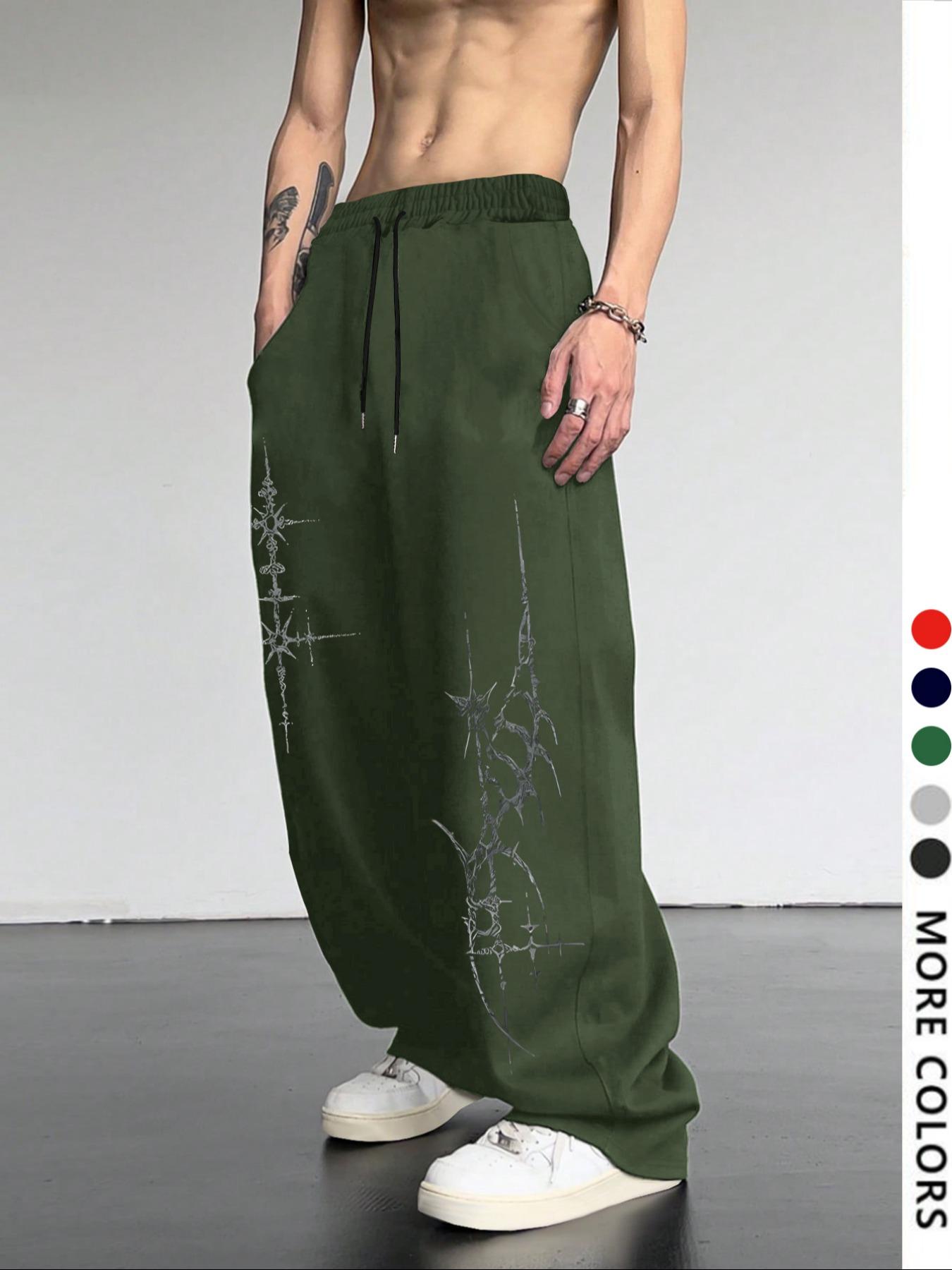 Men's Casual Sporty Wide-Leg Pants, Cross Pattern Long Sweatpants, Men's Loose-Fit Clothing for All Seasons, Drawstring Waist Baggy Pants, Athleisure Style Sweatpants, Graphic Print Sweatpants