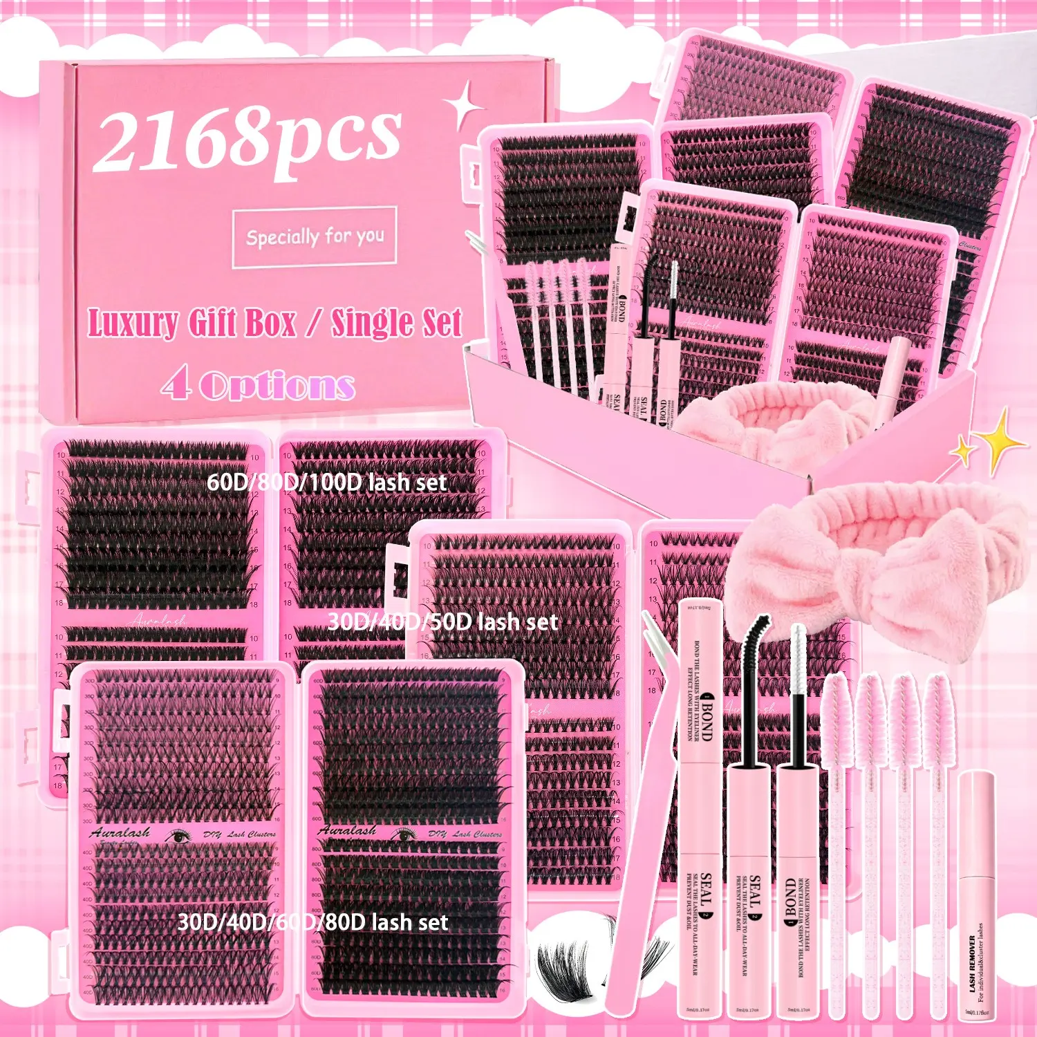2168PCS DIY Lash Extension Kit Gift Box, All-in-One DIY Eyelash Cluster Gift Box with 3 Lash Books & 6 Densities 30D to 100D, Upgraded Gentle Long-Lasting Bond, 3 Min Apply Fluffy Soft Lashes, Great Gift for Lash Lovers