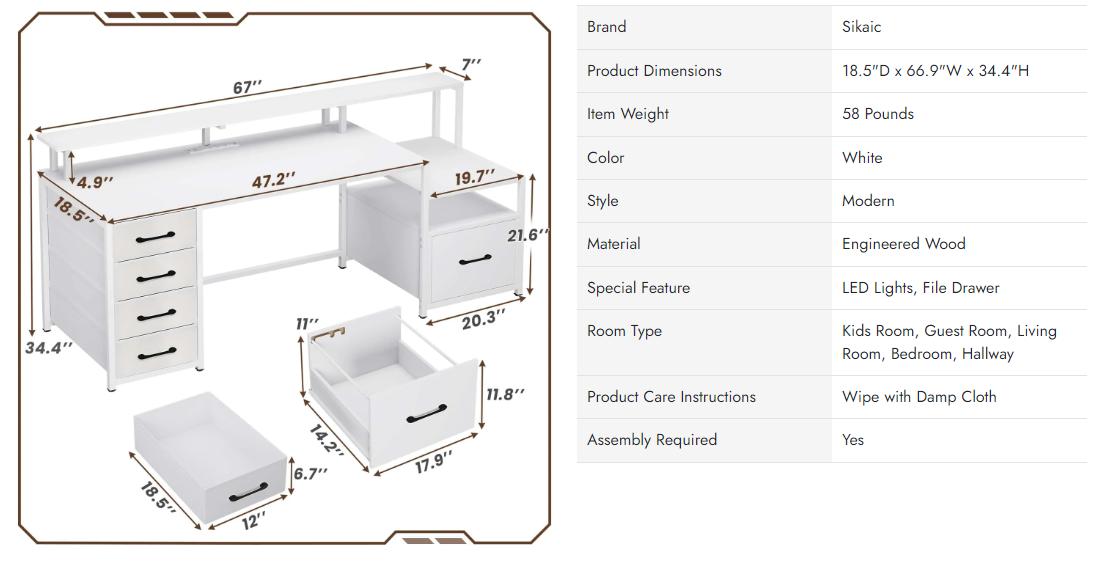 Sikaic 66 Inches LED Gaming Desk With File Drawer Power Outlet Printer Cabinet And Monitor Shelf Furniture Table Storage Office FathersDayGift Adjustable Ergonomic Chair