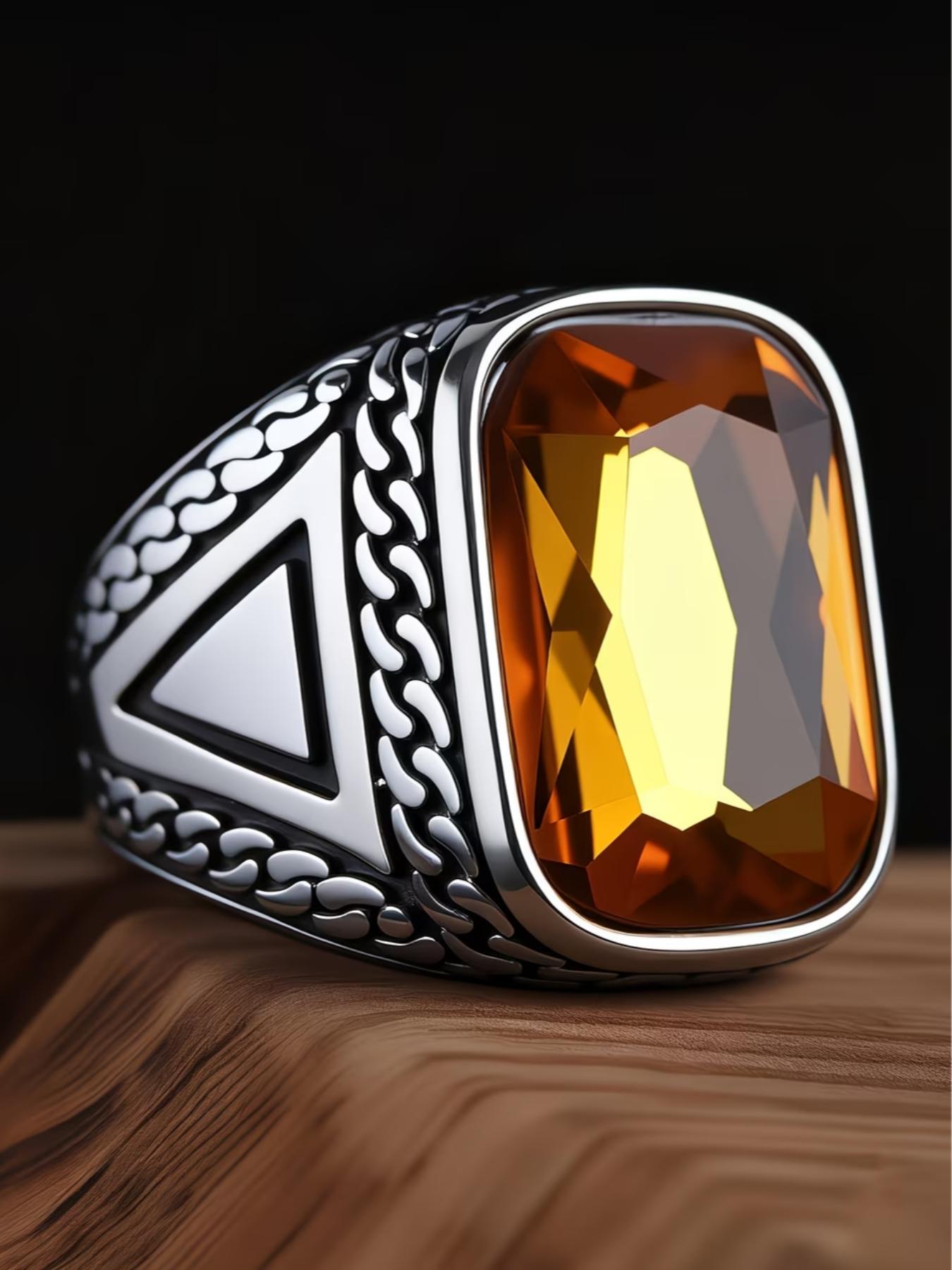 Tribal Style Men's Blue Ring, 316L Stainless Steel, Inlaid with Square Agate, Simple and Grand