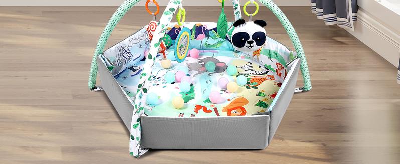 4-in-1 Tummy Time Mat Baby Activity Play Mat with 6 Infant Learning Sensory Toys for Floor Toddler Motor Skill Development Babies Ball Pit 18 Ocean Balls Cute