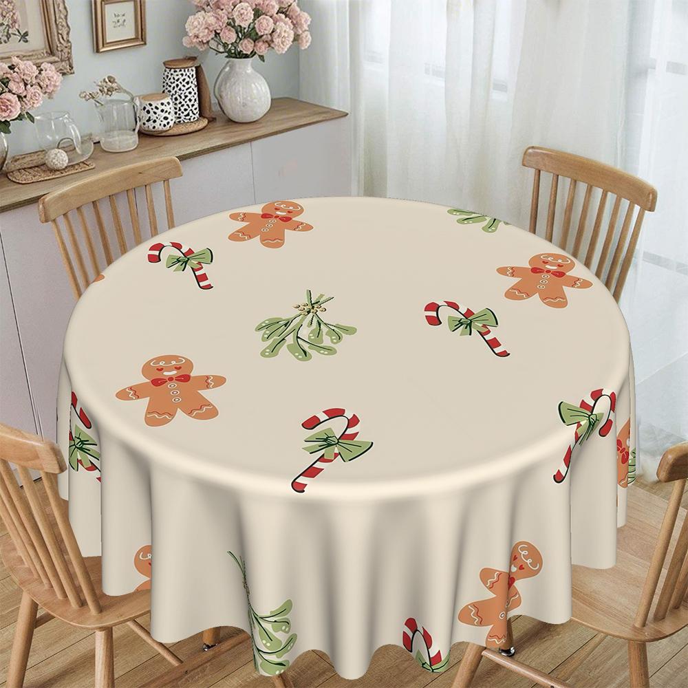 Christmas Gingerbread Man Tablecloth, 2D Flat Print, Polyester, 120g/m², Round, Kitchen Restaurant Decor, Party Gift, Hotel Home Use