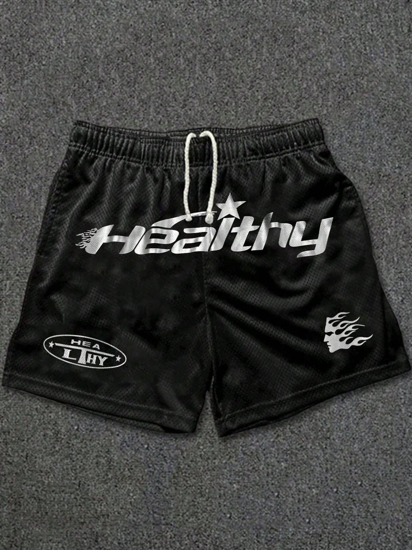 Men's Mesh Breathable Letter Print Summer Beach Shorts, Trendy Streetwear, Sportswear, Casual, Comfortable Fashion, Asymmetrical Design, Loose-Fitting, Baggy, Oversized, Plain Pattern