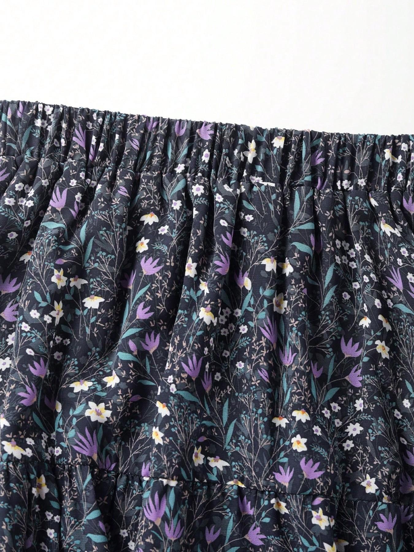 Women's Deep Blue Ditsy Floral Midi Casual Boho Skirt, High Waist A-Line Design, Casual Loose Fit, Long Knee-Length, Fashionable Summer Dress