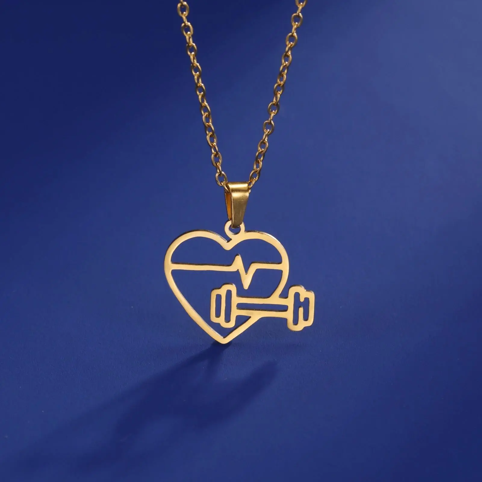 Cazador HeartBeat Dumbbell Pendant Necklaces for Women Exercise Sport Stainless Steel Jewelry Necklace Birthday Gift Wholesale