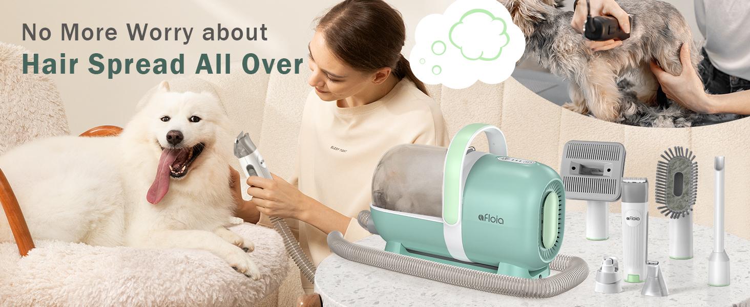 Afloia Dog Grooming Kit, Pet Grooming Vacuum & Dog Clippers, Nail Grinder Trimmer & Dog Brush for Shedding with Vacuum Grooming Tools, Low Noise Dog Vacuum Hair Remover Pet Grooming Supplies Green Portable