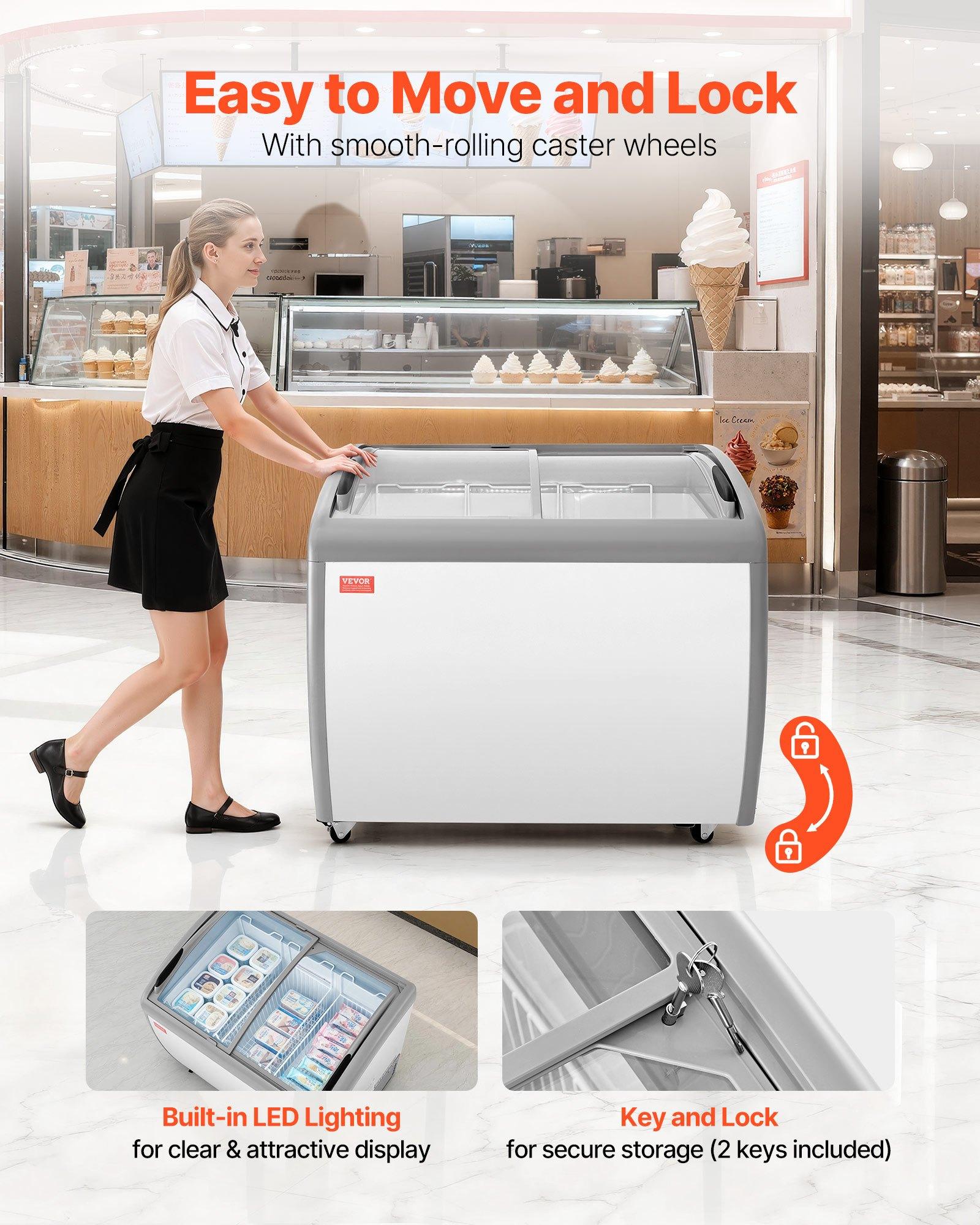VEVOR Commercial Ice Cream Display Case, 9.3 Cu.ft (264L) Direct Cooling Cold Rolled Plate Chest Freezer, --19 To 3 ℉℉ Temp Adjustable, with 3 Wire Ice Cream Baskets, 2 Sliding Tempered Glass Doors, Locking Casters & LED Strip Lighting for Cafe Owners, Ba