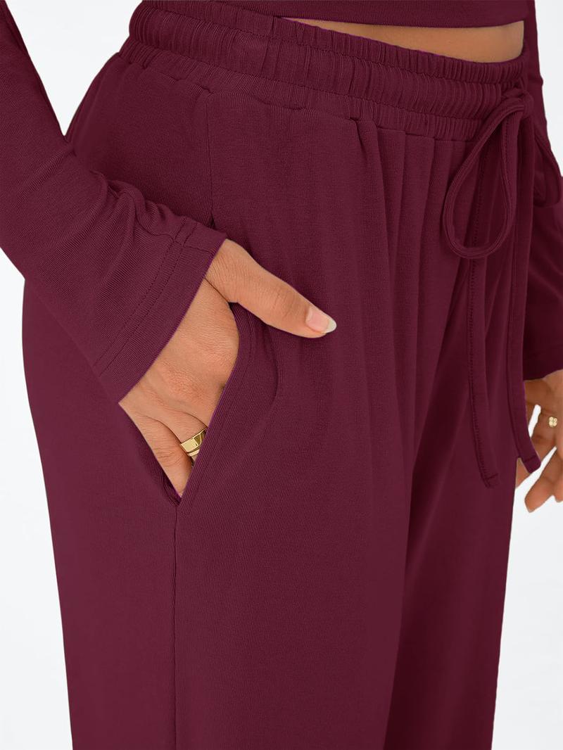 Women's 2 Piece Matching Lounge Set Long Sleeve Slightly Crop Top Wide Leg Pants Casual Sweatsuit 2026