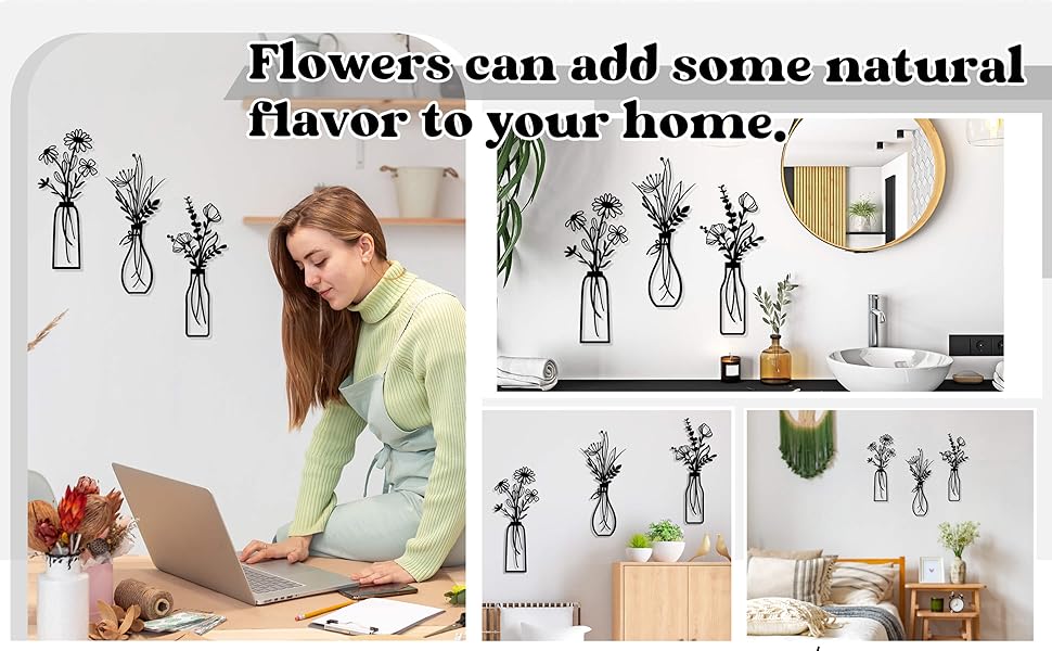 【Holiday Haul】3 Pieces Metal Flowers Wall Decoration - Rustic Farmhouse Decoration Beige Minimalist Flower Wall Decors for Living room Bathroom Bedroom Dining Room-Housewarming Gifts (Beige, Vase-C)