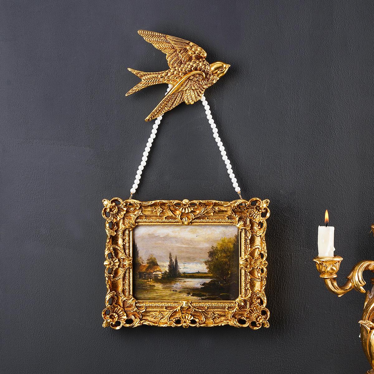 European Vintage Frame Set, Rectangular Decorative Photo Display, Pearl Chain & Swallow Design, Wall Hanging, Home Decoration, Picture Frame