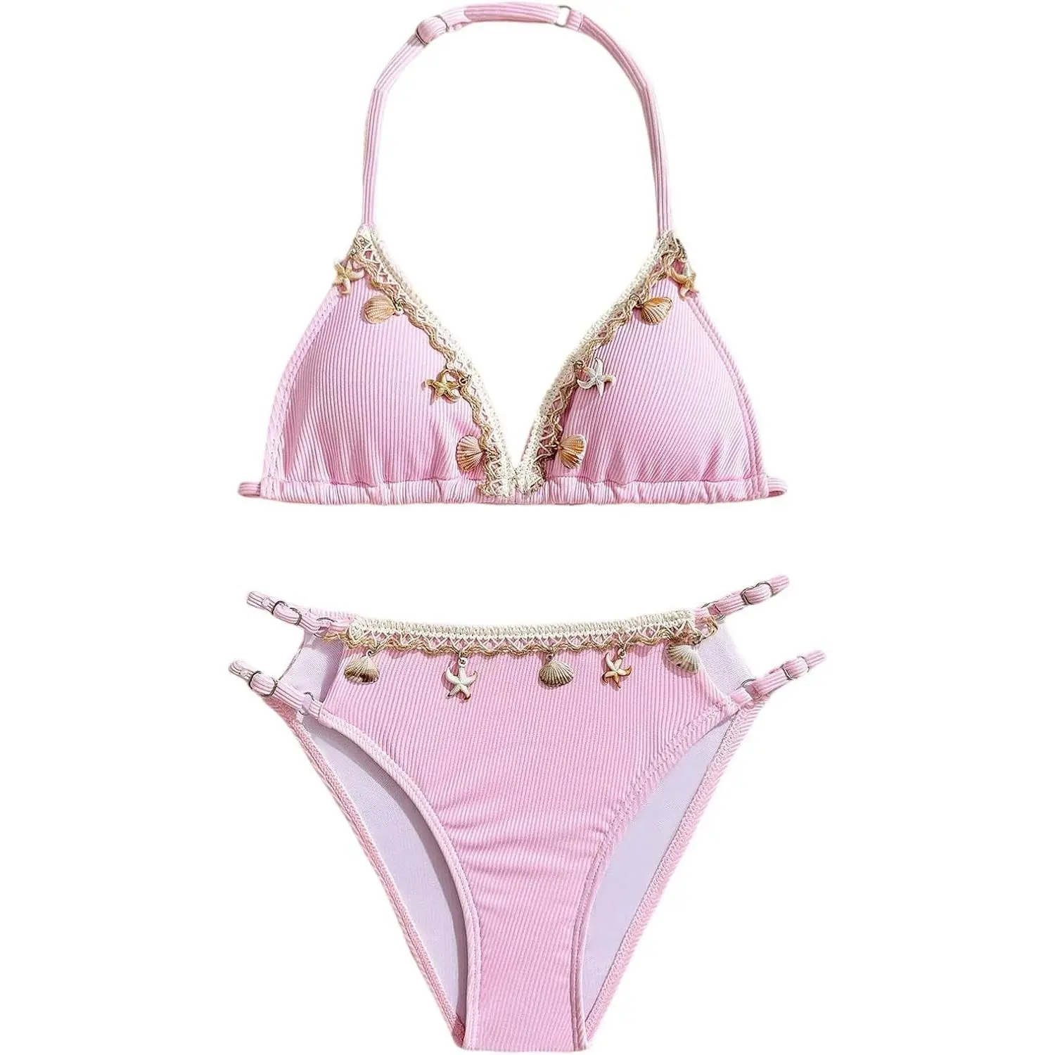 Girls Cute Bikini Set Halter Beaded Swimsuit Summer Bathing Suits for Teen Tween