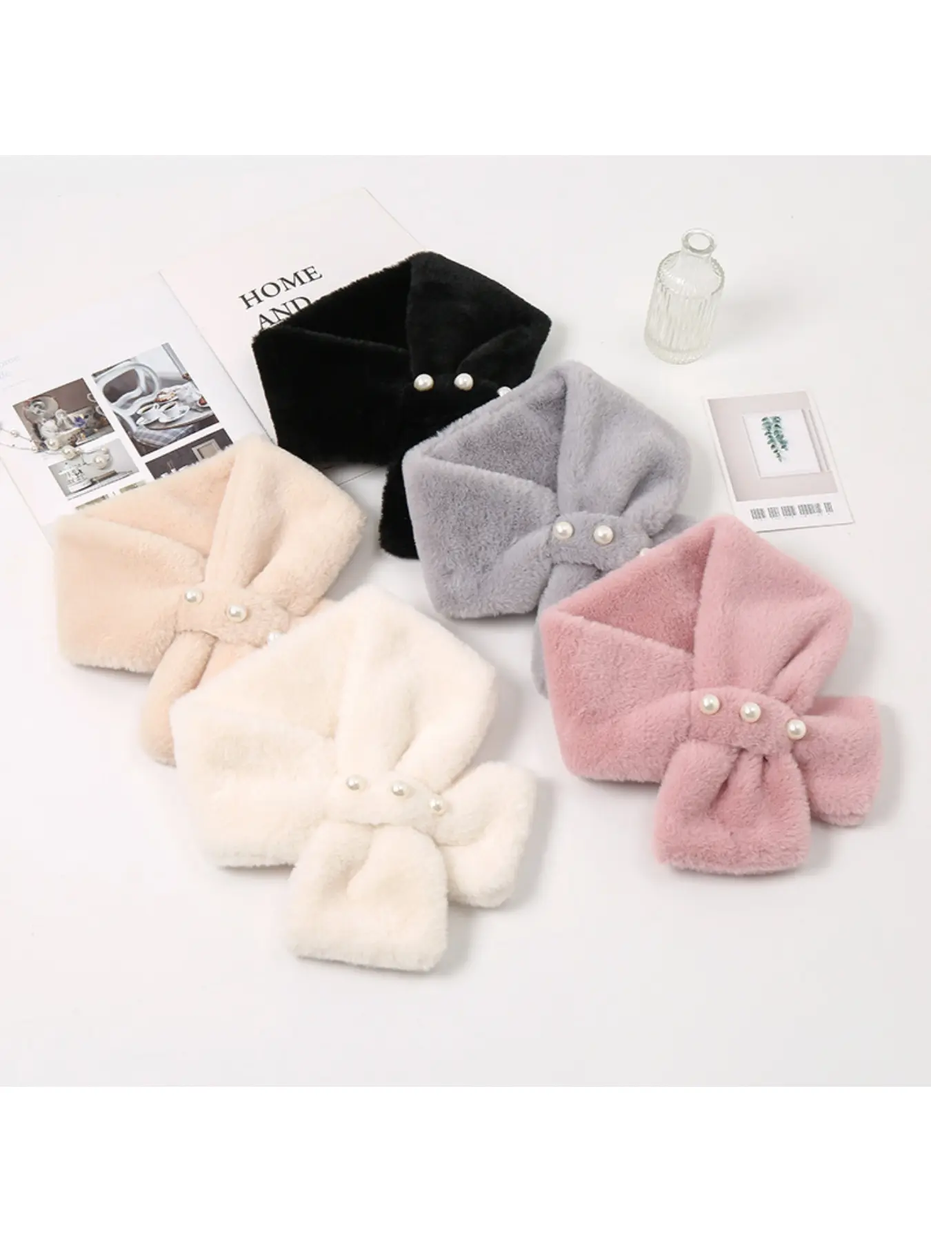 Korean-style fluffy pearl scarf, thick plush crossover neck warmer for autumn and winter new arrivals