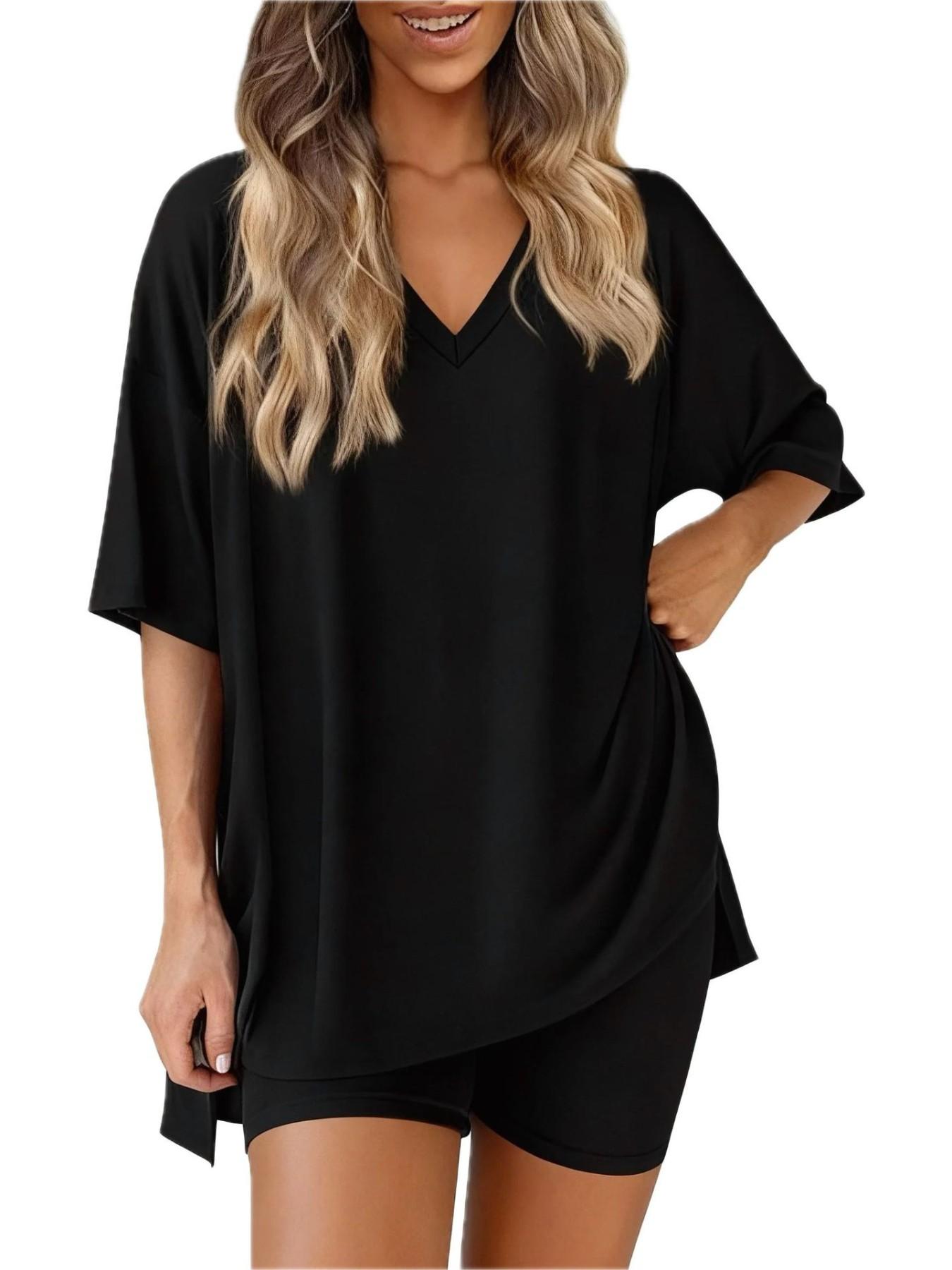 2026 V Neck 2 Piece Sets forSpringWomen Summer Loungewear Short Set SpringMatching Biker Shorts Oversized ShirtClothing