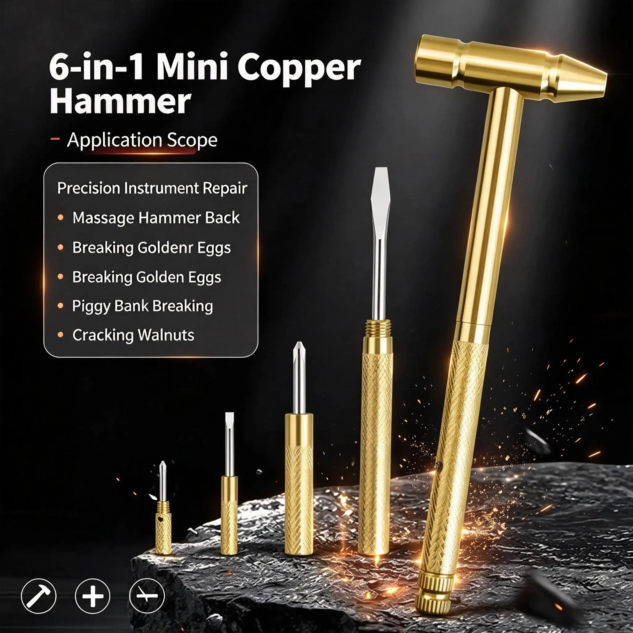 6 in 1 Mini Multifunction Hammer & Screwdriver Hand Tools Ideal for Watchmaker Jewelers and Eating Walnuts. (Gold)
