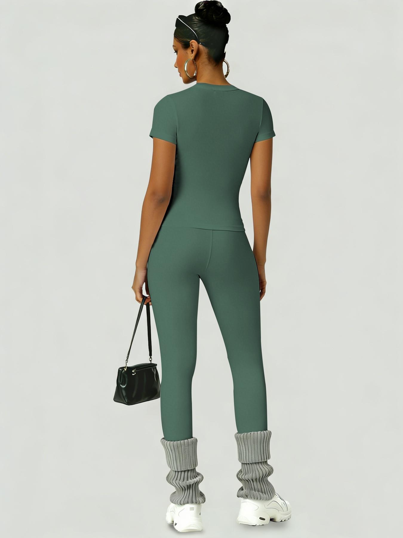 Women's Sportswear Set, Athletic Style Activewear, Slim-Fit Round Neck Short Sleeves & High-Waisted Yoga Pants, Ideal for Gym Running Outdoor Activities, Gym Sets