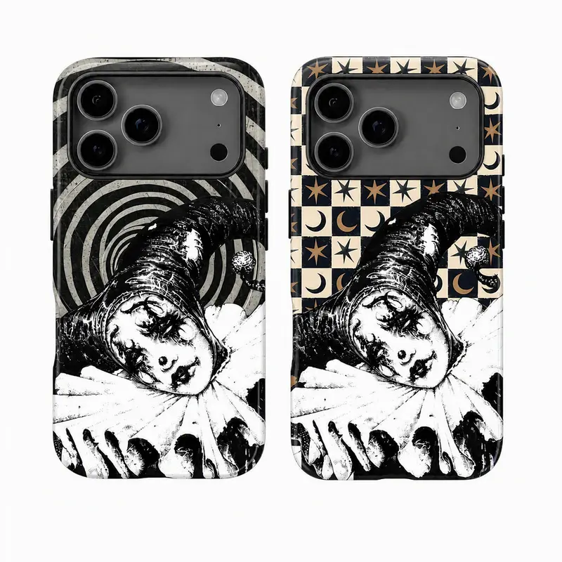 Whimsigoth Celestial Star & Dark Academia Gothic Pierrot Clown Phone Case, Retro Y2K Grunge Checkerboard Print Tough Protector For IPhone 18 17 16-11 Pro/ProMax/Plus, Flexible Precision Cutout Phone Accessories With Dark Academia Art & Spooky Protection.