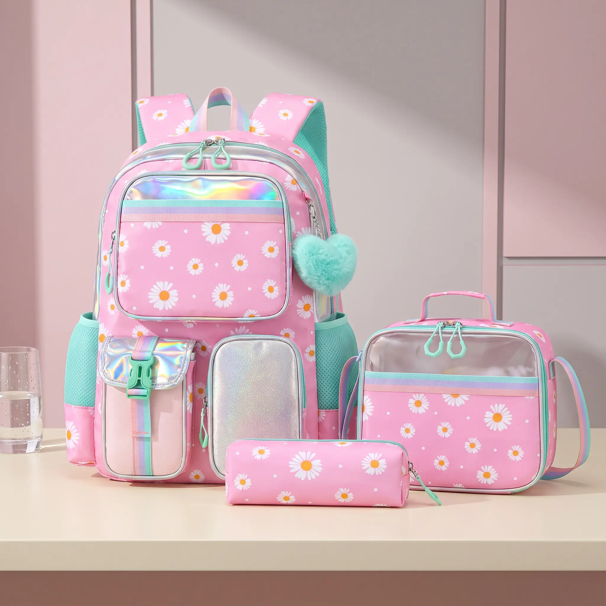 Cute Daisy 3-Piece School Backpack Set for Girls Waterproof Lightweight Bookbag with Reflective Straps
