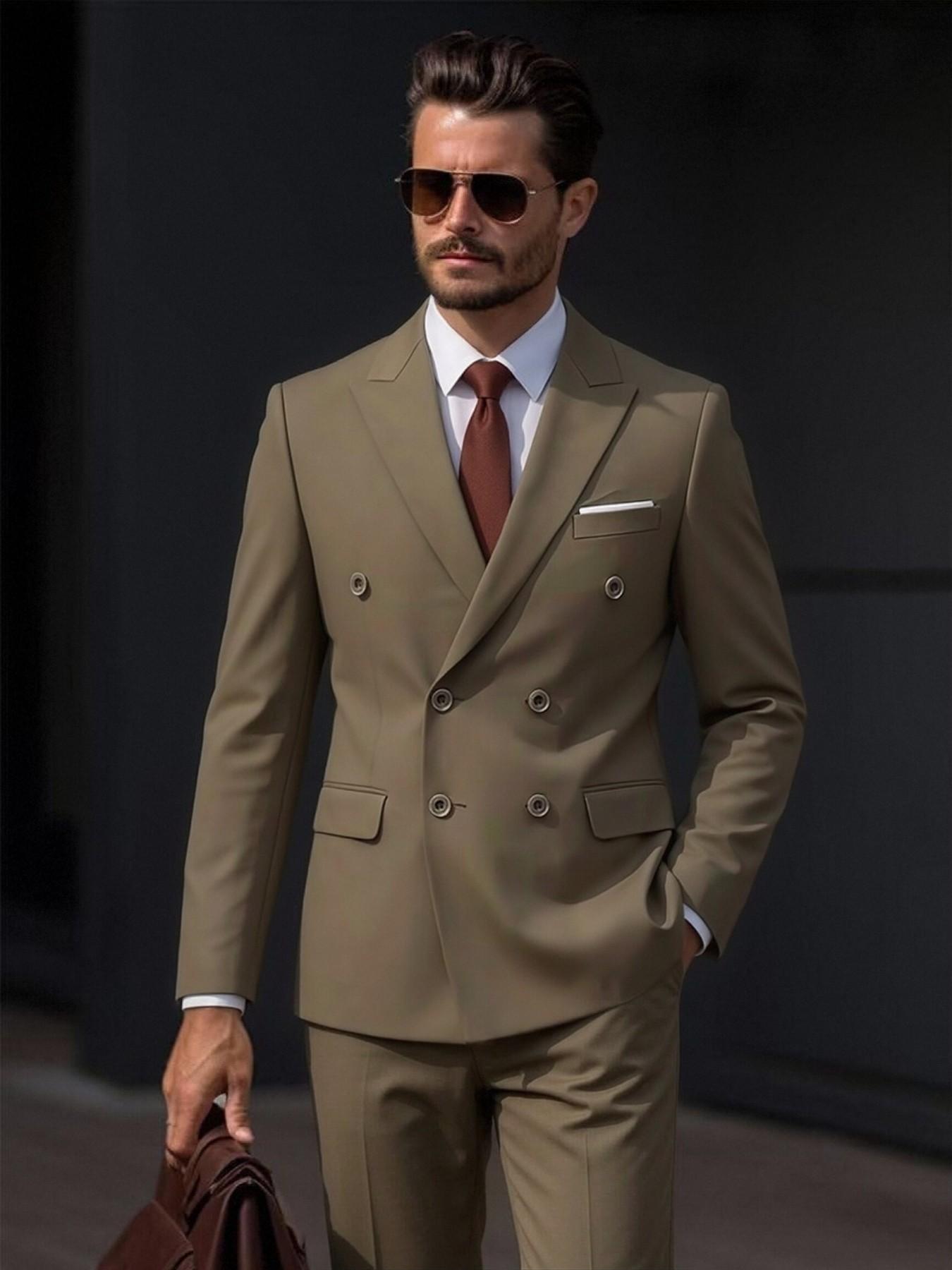 Men's fashionable double-breasted slim-fit suits, high-quality business plain-color two-piece suits, groom and best man wedding gowns, formal attire for occasions, office professional suit sets, party and banquet evening gowns