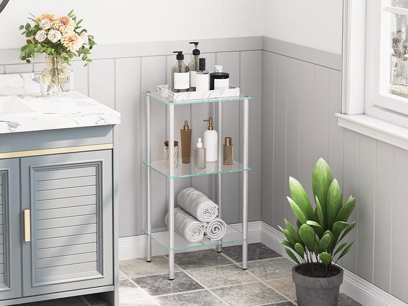 HOOBRO Tempered Glass Side Table for Bathroom, Bedroom, Home Office, Steel Frame Durable Glass Shelf, 3 Tier Standing Shelf Unit,  Space-Saving, Silver#springtok