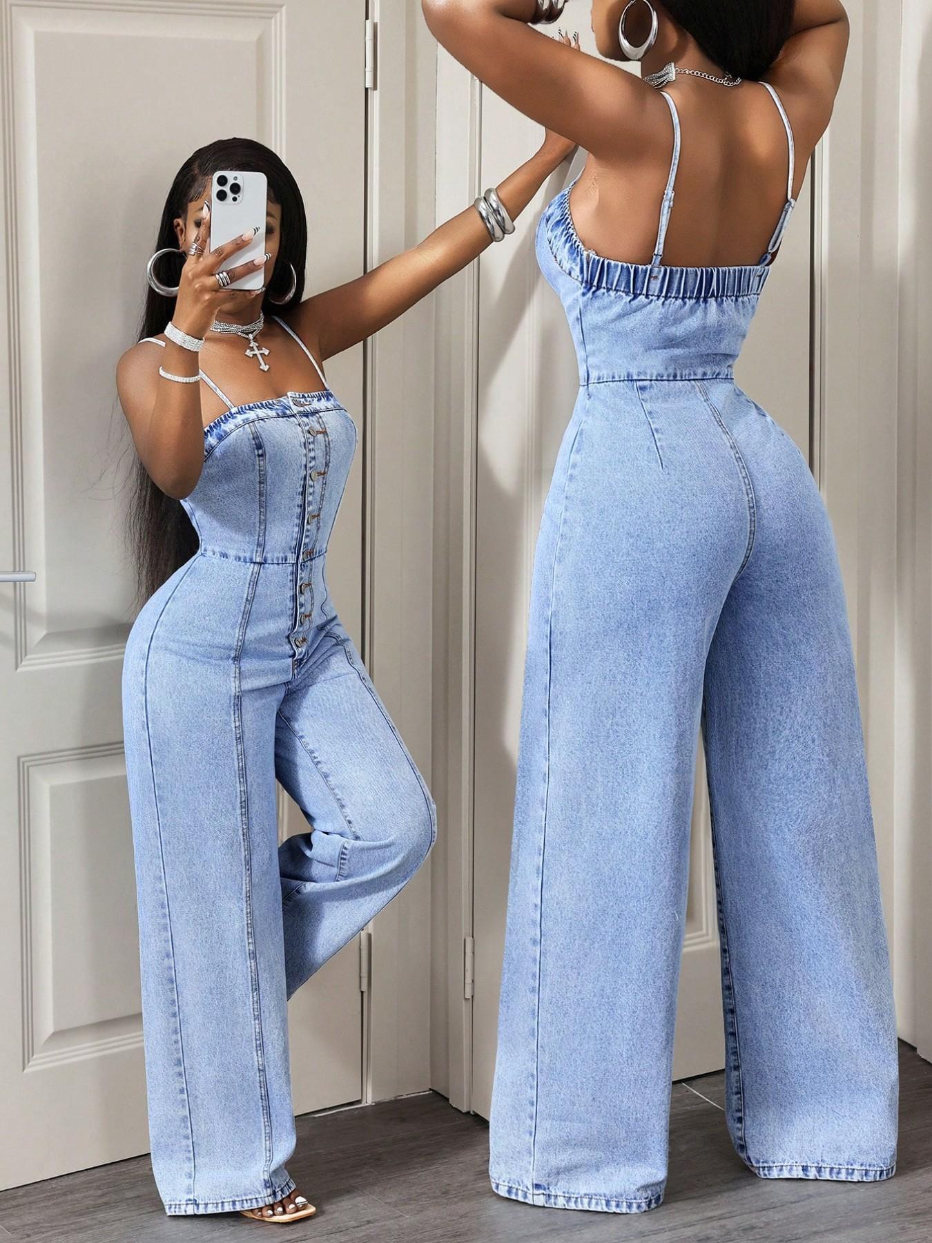 Women's Casual Denim Halter Backless Wide Leg Pants, Spring & Fall Fashion, Slim-Fitting Solid Pattern, Daily Wear