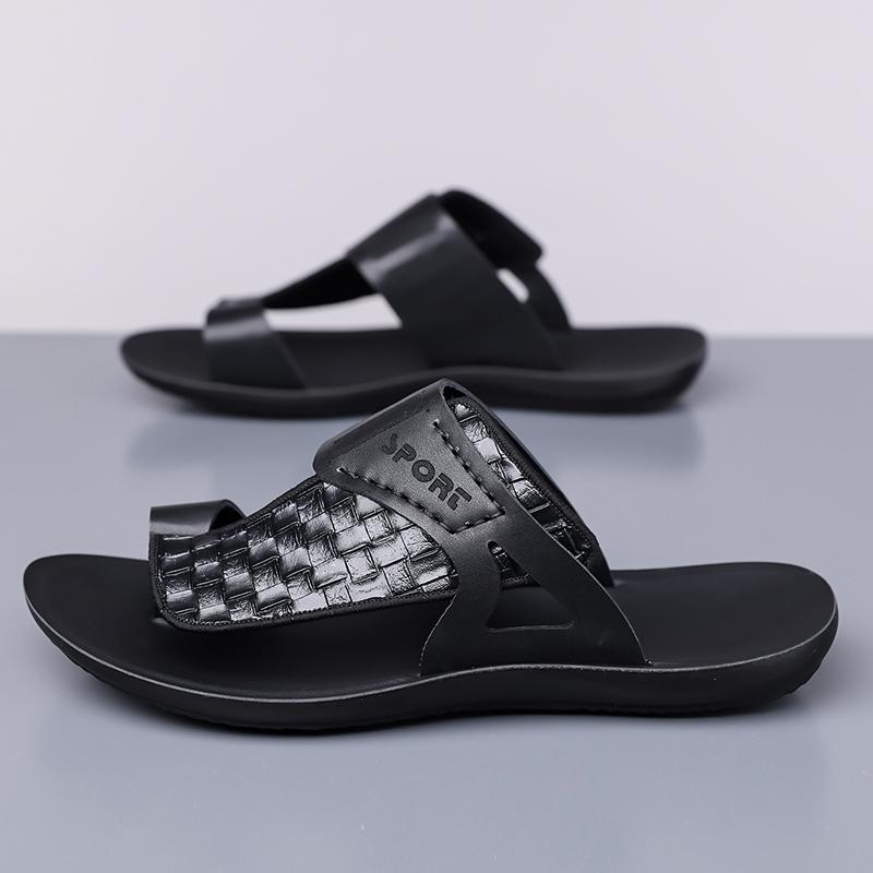 Men's Summer New Sandals, Letter Print Straw Texture, Trendy Anti-Slip Thin Sole, Casual Beach Shoes, Fashionable and Comfortable