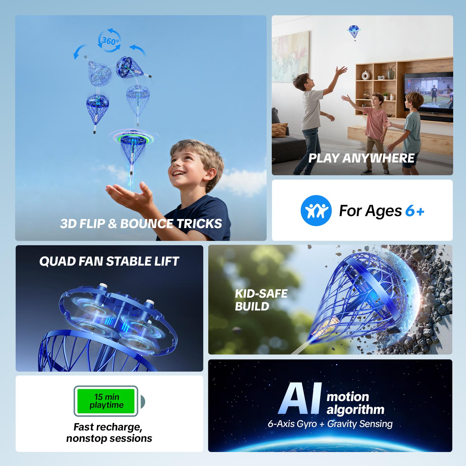 Flystars Hand Controlled Flying Orb Ball Mini Drone, Magic LED Boomerang Hover Spinner, USB-C Rechargeable with 2 Swappable Batteries, Indoor Outdoor Fun Toys & Holiday Gifts for Kids Ages 6+, Gifts for Christmas