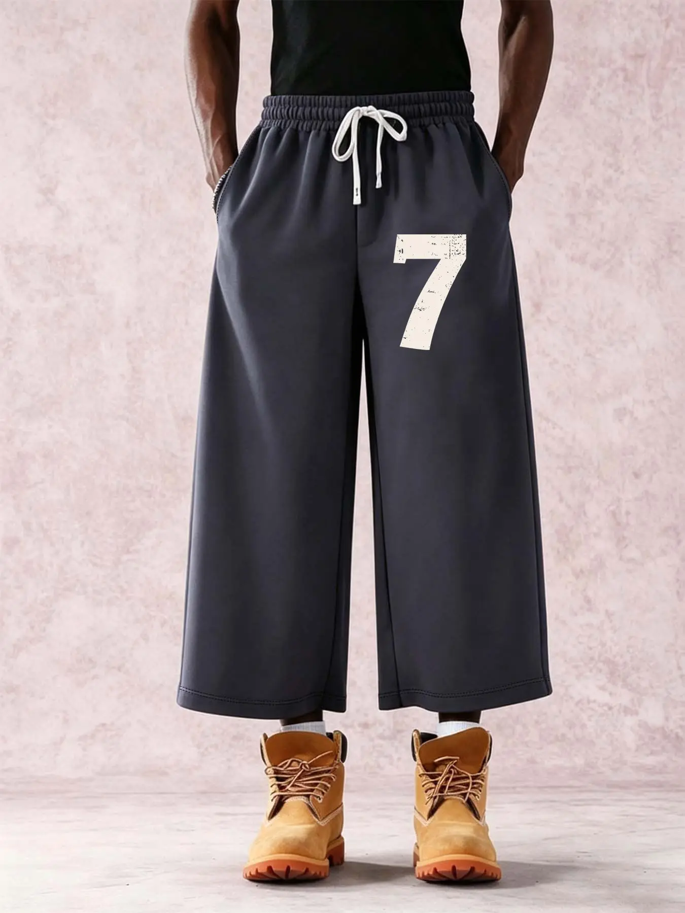 Black Men Streetwear Capri Joggers Soft Wrinkle-Resistant Moisture-Wicking Solid Color Distressed No.7 Print Elastic Waist Loose Culotte Trousers For Gym Leisure Weekend Hangout Hip Hop Style Matching
