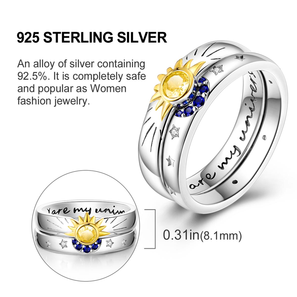 NARMO Cosmic Galaxy Sun and Star Ring Set - 925 Silver Plated, Platinum and K Yellow Plating, Zircon Accents, Inspirational Engraved Design